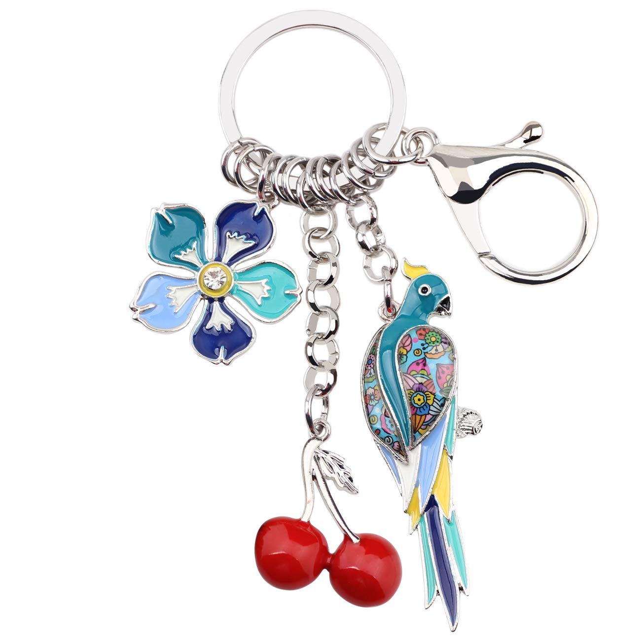 Weveni Women's Blue Enamel Alloy Flower Parrot Keychain Cherry Charms Bird Jewelry For Girls Bag Car Wallet (Blue)