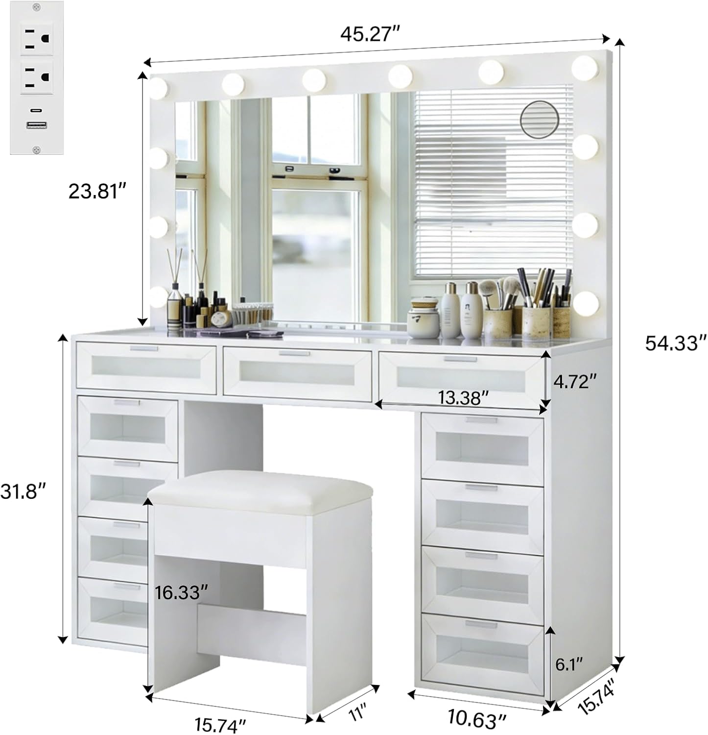 CollaredEagle Vanity Desk with Illuminated Mirror & Power Outlet,Makeup Vanity with LED Lights (White, 11 Luxury RGB Drawers)