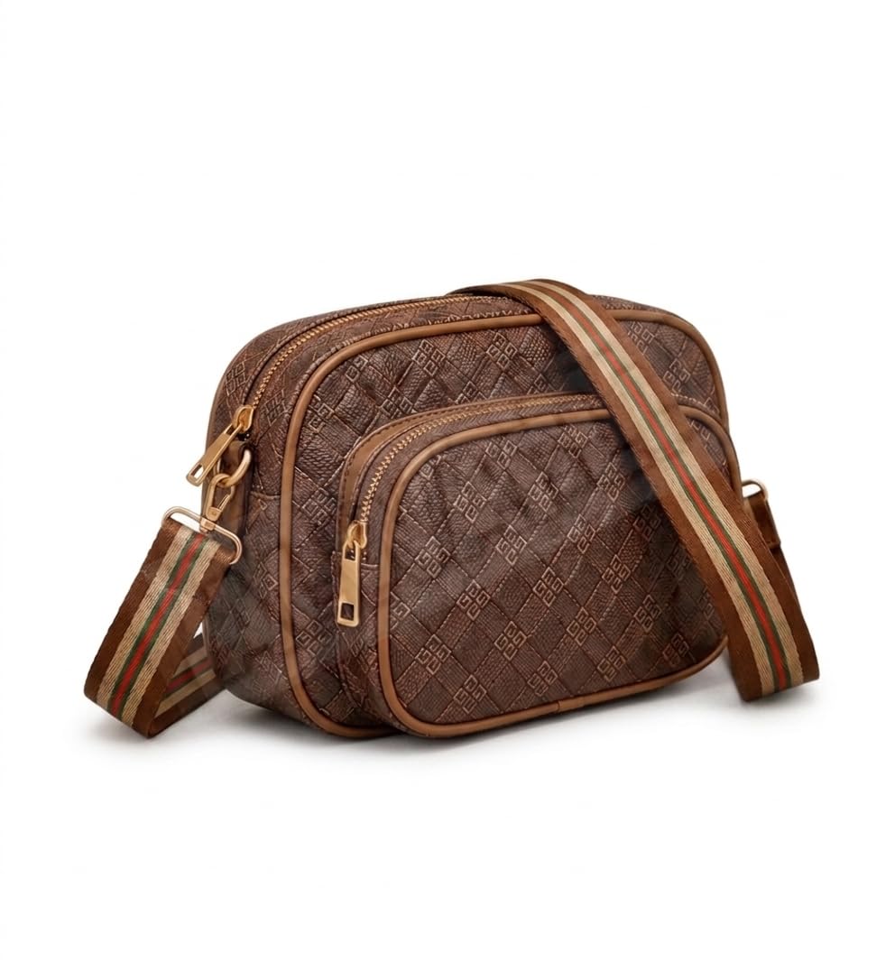 3-Compartment Cross-Body Sling Bag with Stylish Diamond Pattern Zippered Messenger Handbag for Casual, Travel & Daily Essentials with Broad Striped Adjustable Shoulder Strap (Multicolor)-image-29
