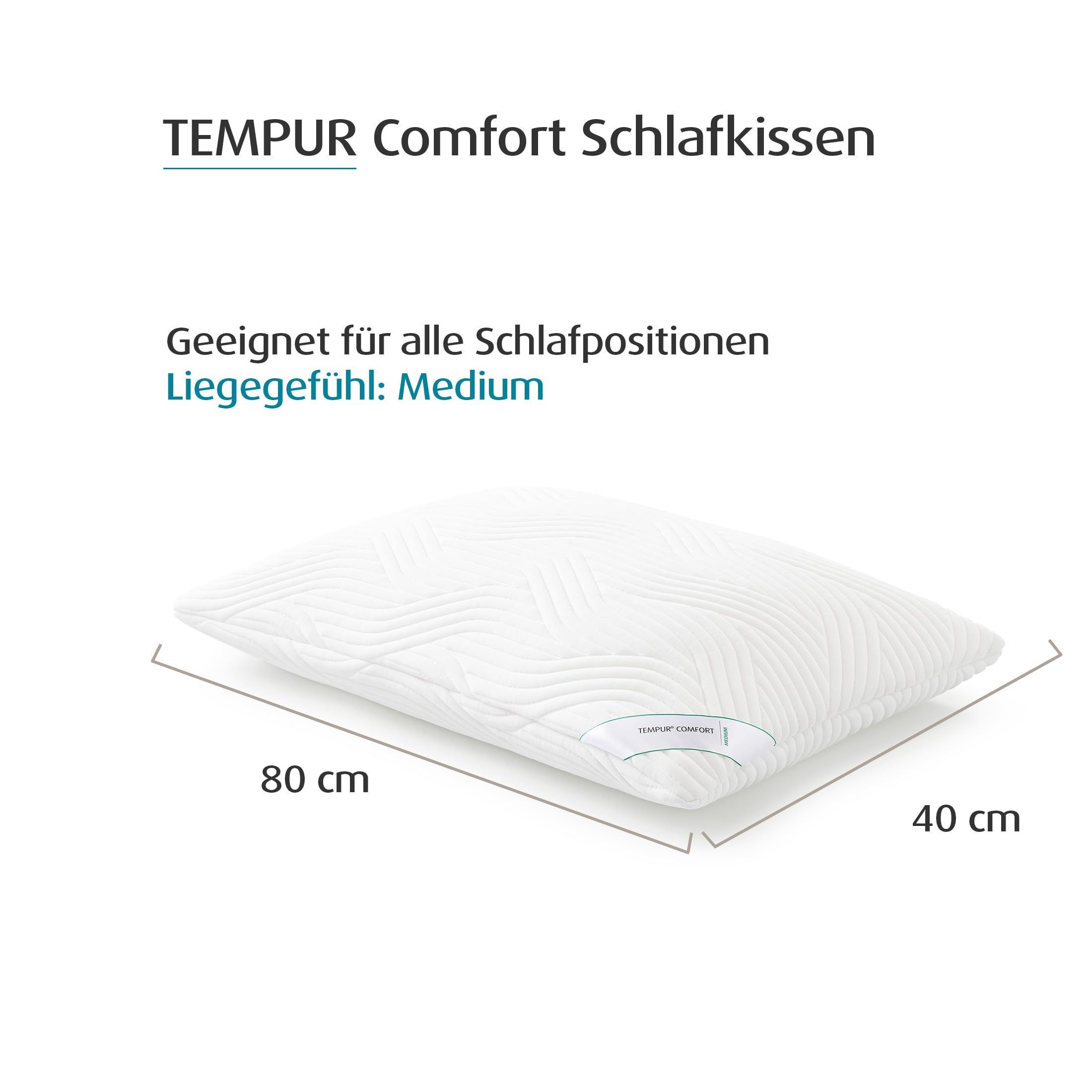 TEMPUR Comfort Medium Schlafkissen, Liegegefühl mittelfest, 40 x 80 cm | Klassisches Kissen für alle Schlafpositionen, waschbarer Bezug, OEKO-TEX MADE IN GREEN