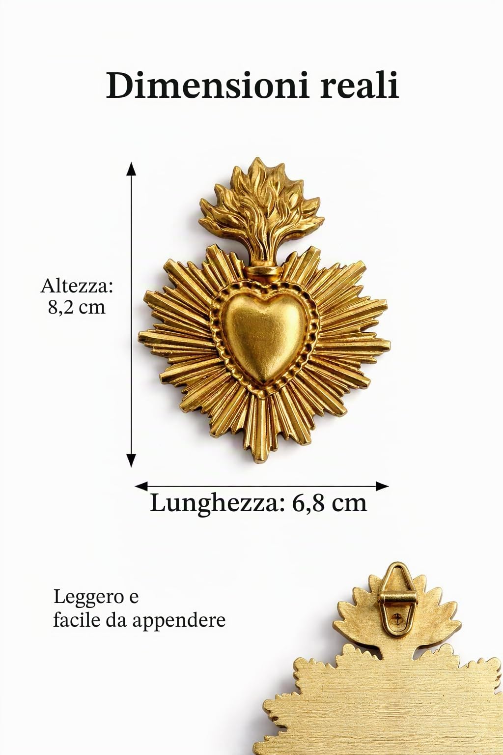 Générique Ex-voto Cuore Sacro Dorato Radiante Bella Fabbricazione Dimensioni 8,2 cm x 6,8 cm, Perfetto per collezionisti di Ex-Voto
