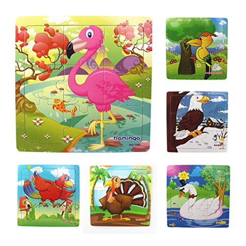 Muxihosn Wooden Jigsaw Puzzles with Storage Tray Birds Set Kids Toys Preschool Learning Game for 3-5 Years Old Child,Boys,Girls,Pack of 6(Parrot,Swan,Woodpecker,Flamingo,Eagle,Turkey)