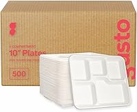 Vista 1 de GUSTO Caja de 500 platos desechables de 5 compartimentos 100% compostables, platos de papel de 10 pulgadas, bandejas ecológicas de caña de azúcar