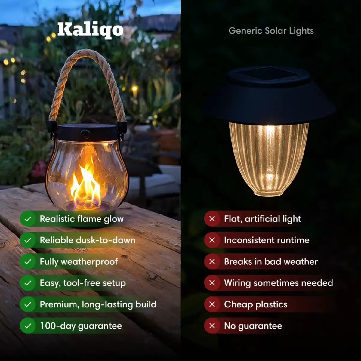 kaliqo solar lantern outdoor lights Flammen-Solarlaterne für Draußen - Realistische Flammeneffekte, 1500 mAh Solar Laternen, 2-in-1 Solarladung und USB wiederaufladbar, IPX4, Gartenbeleuchtung