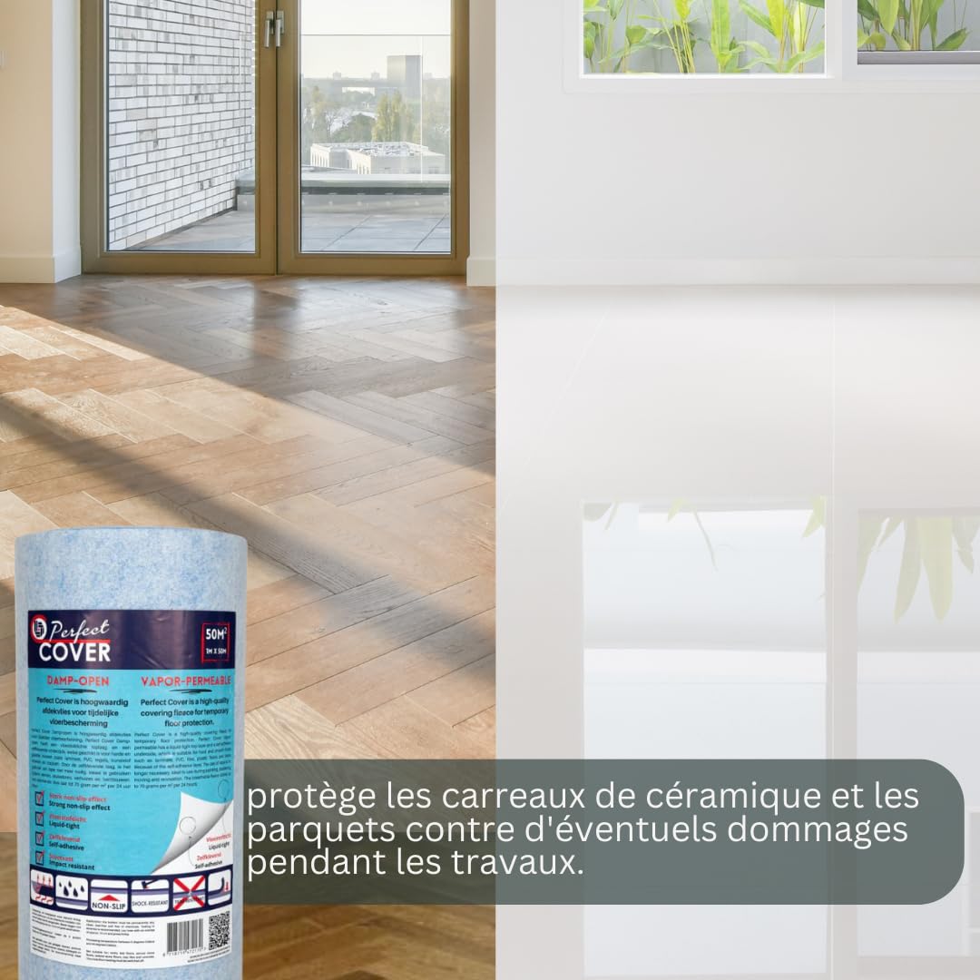 Perfect Cover Feutrine Autocollante Perméable à l’Air 1 m x 50 m – Bâche de Protection Sol Chantier pour Rénovation, Adaptée aux Sols en Bois et Carrelage, Résistante aux Liquides | 160 g/m²