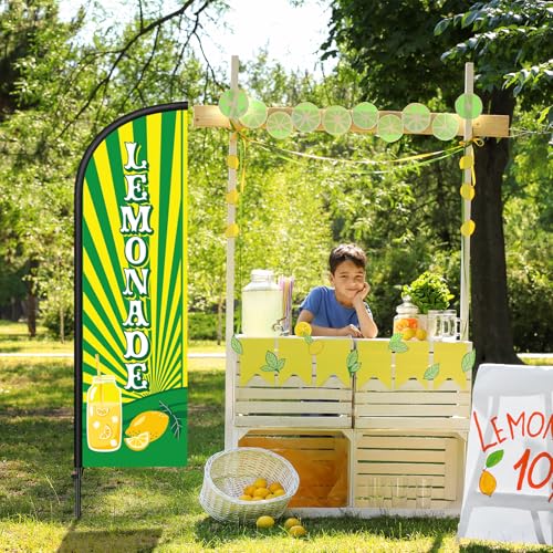 Image of Remagr 2 Pack Lemonade Feather Flag 7 ft Advertising Swooper Flag Sign Windless Lemonade Banner with Pole Kit and Ground Stake for Businesses Restaurants Outside Ground