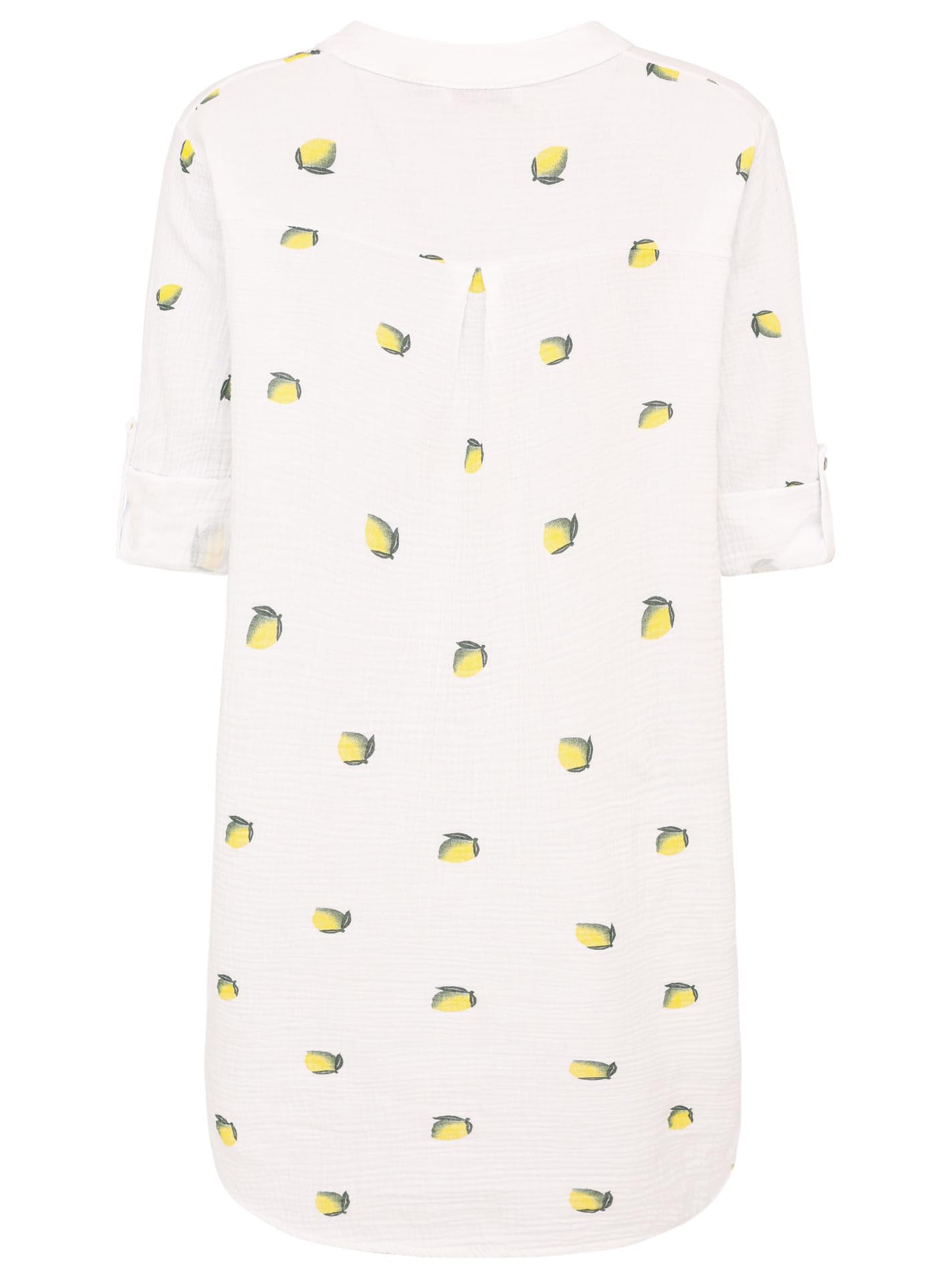 Zwillingsherz Damen Longbluse Tunika Weiß mit Zitronen Print – Sommer Blusenkleid aus 100% Baumwolle – Luftiges Longshirt mit V-Ausschnitt und 3/4 Arm – Leichte Strandtunika für Urlaub Freizeit