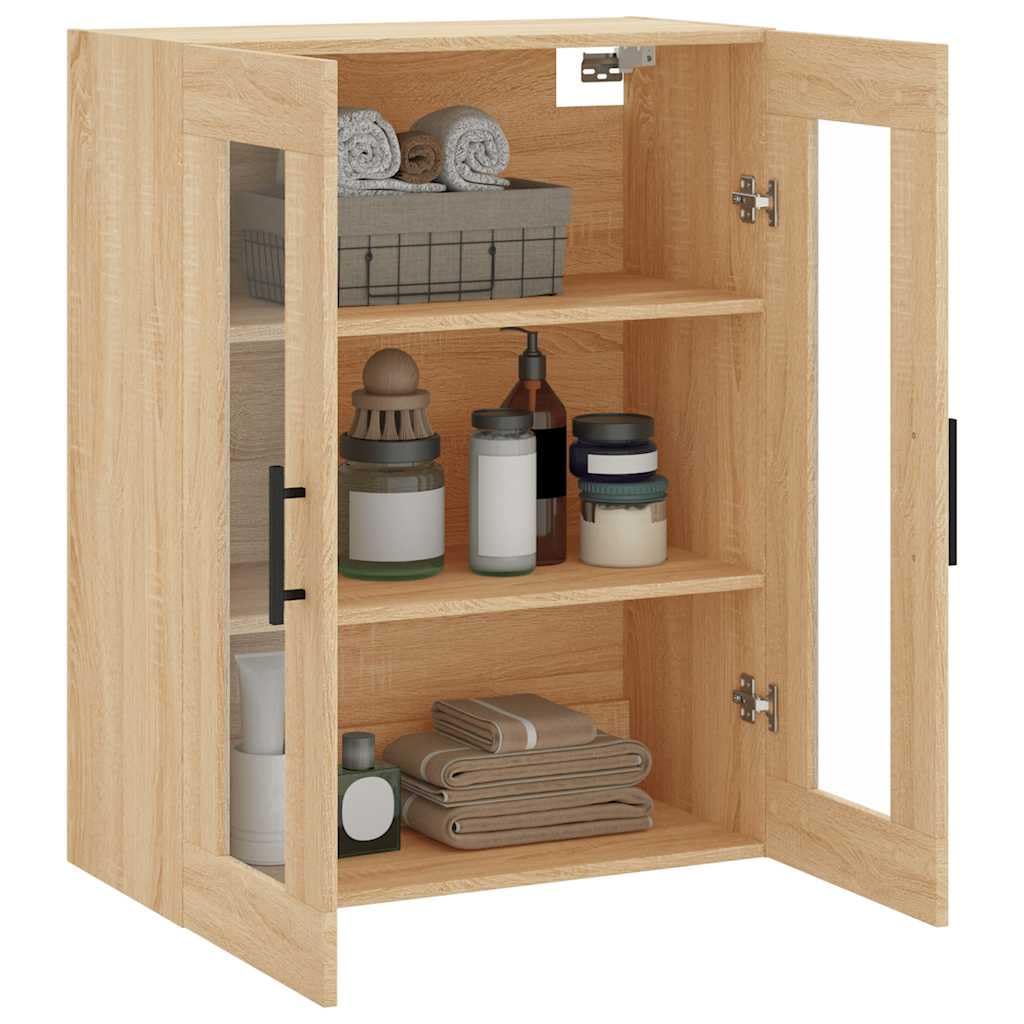 Armario de pared roble Sonoma 69,5 x 34 x 90 cm, armario colgante de madera con puertas de cristal, espacio de almacenamiento versátil para cocina, salón y oficina