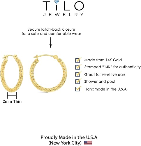Miniatura 3 de Pendientes de aro redondos texturizados en espiral de oro amarillo de 14 quilates, 0.079 in de grosor