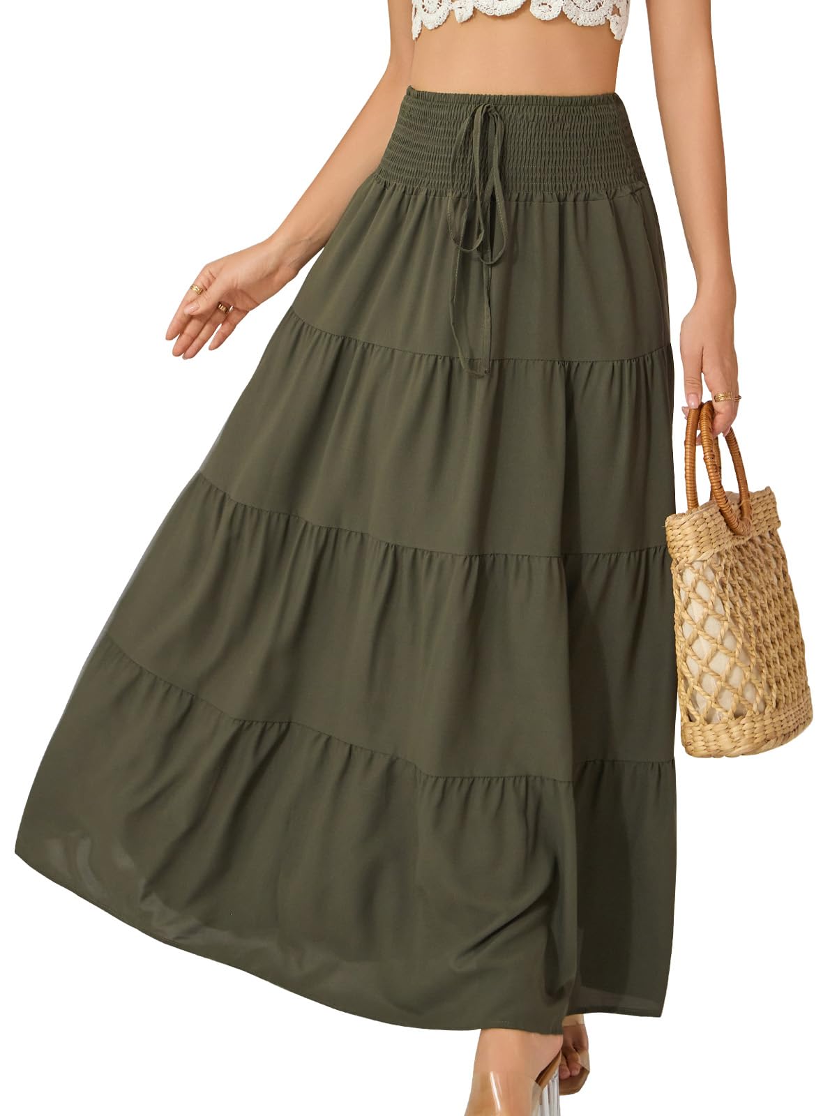 Monbessi Langer Rock Damen mit Futter 2 in 1 Maxirock Damen Lang Elastischer Bund Boho Röcke Geeignet für Sommer, Urlaub, Shopping Und Den Alltag
