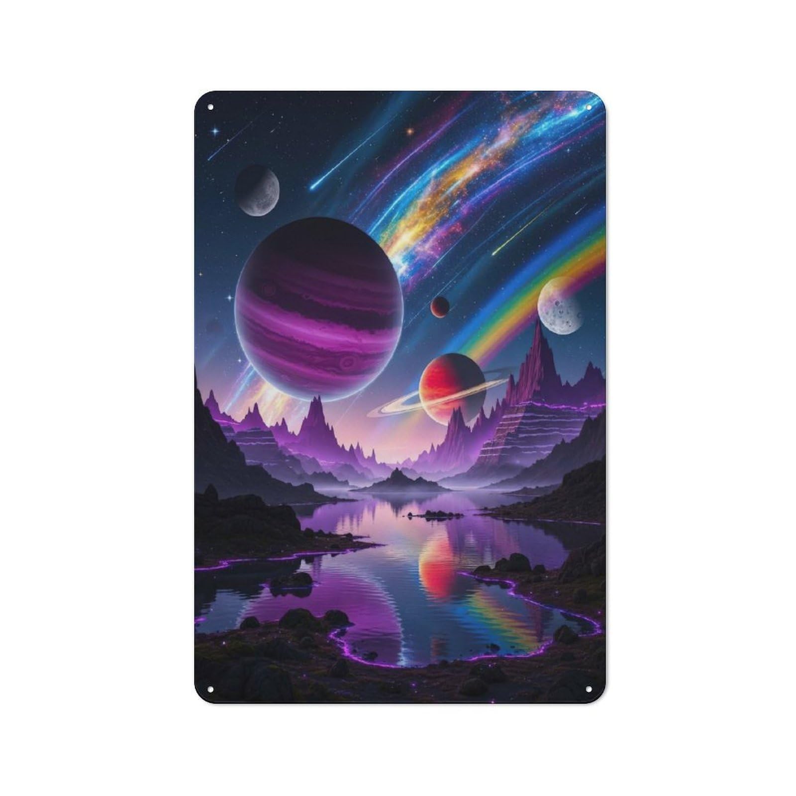 Junmoney Style-22 Tin Wall Plaque 30X20cm With Colorful Alien Landscape With Planets For Workshop Wall, With Clear Retro Wall Decor Character