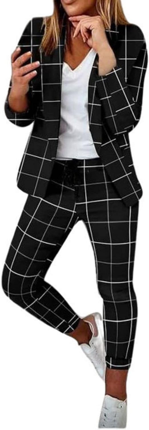 Women's 2 Piece Blazer Suits Casual Plaid Long Sleeve Outfits Dressy Slim Fit Work Office Sets