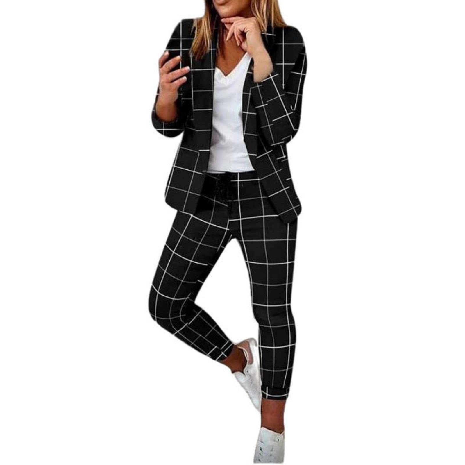 Womens Suits 2 Piece Set Business Pants Suits for Women Dressy Casual Outfits Blazer Sets Plaid Long Sleeve