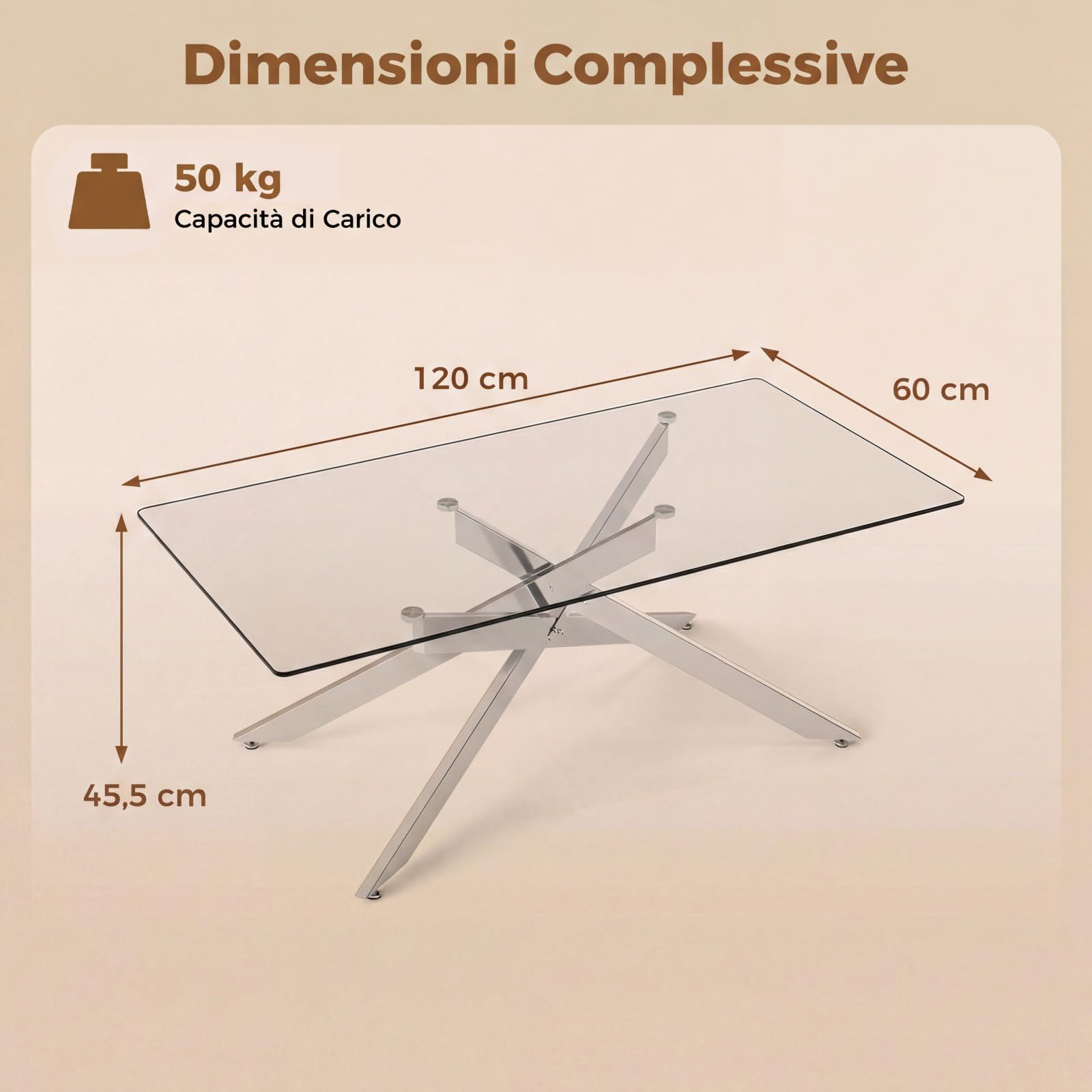 COSTWAY Tavolo da Caffè, Tavolino Salotto in Vetro Temperato con Gambe Incrociate in Metallo Placcato e Piedini Regolabili Antiscivolo, per Soggiorno e Ingresso, 120 x 60 x 45,5 cm (Argento)
