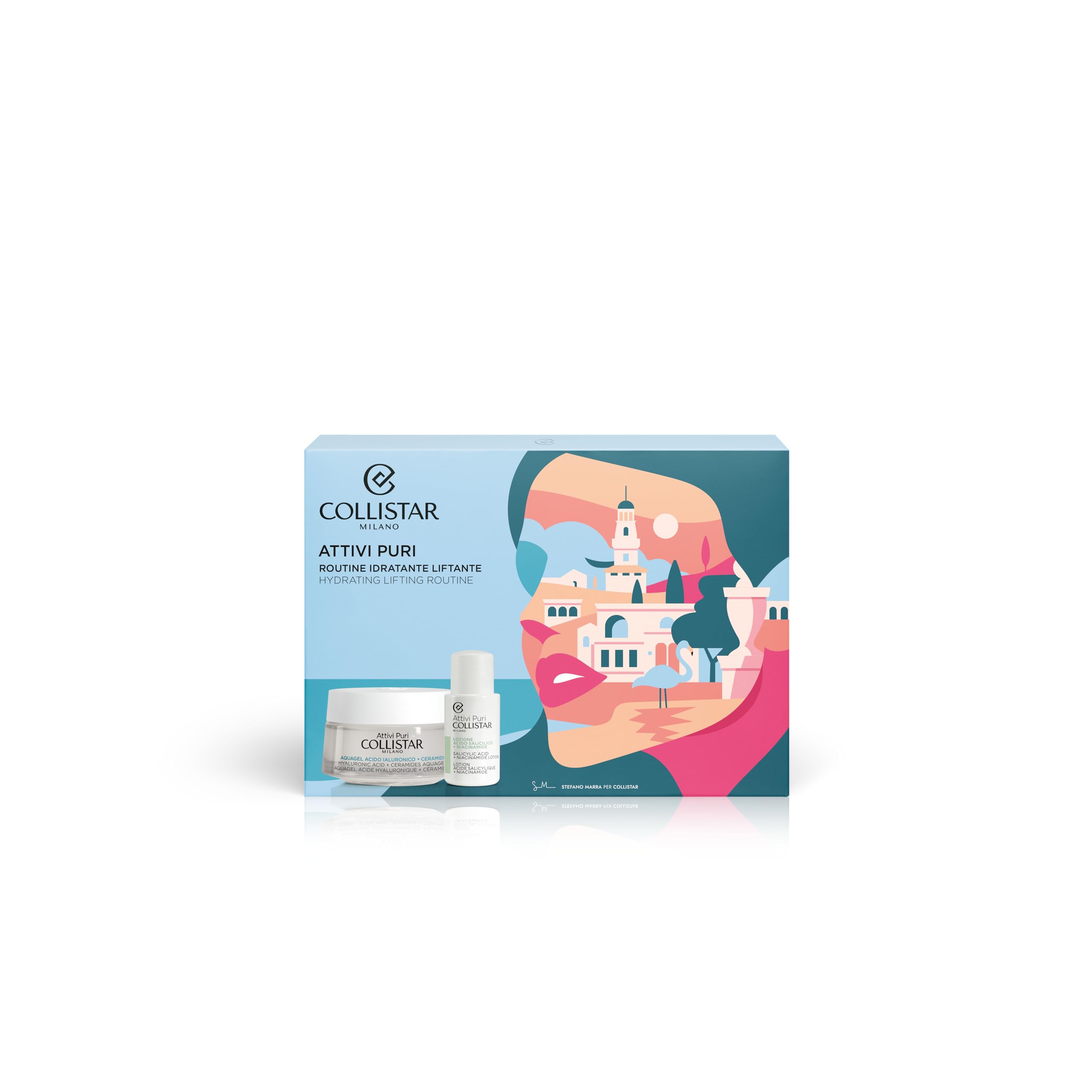 Collistar Attivi Puri Cofanetto Donna, Kit Viso Regalo con Pochette e Trattamento Viso Idratante e Liftante con Acido Ialuronico e Peptidi, Kit Viso Completo per una Pelle Luminosa, 50+15 ml