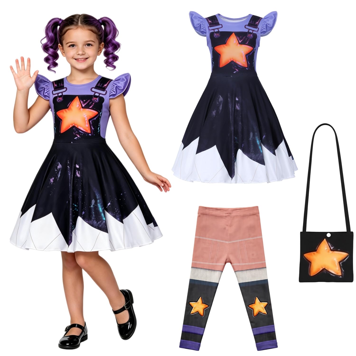 Set di costume vintage per bambine, viola per Halloween, con pantaloni, maschera e borsa, per cosplay, feste