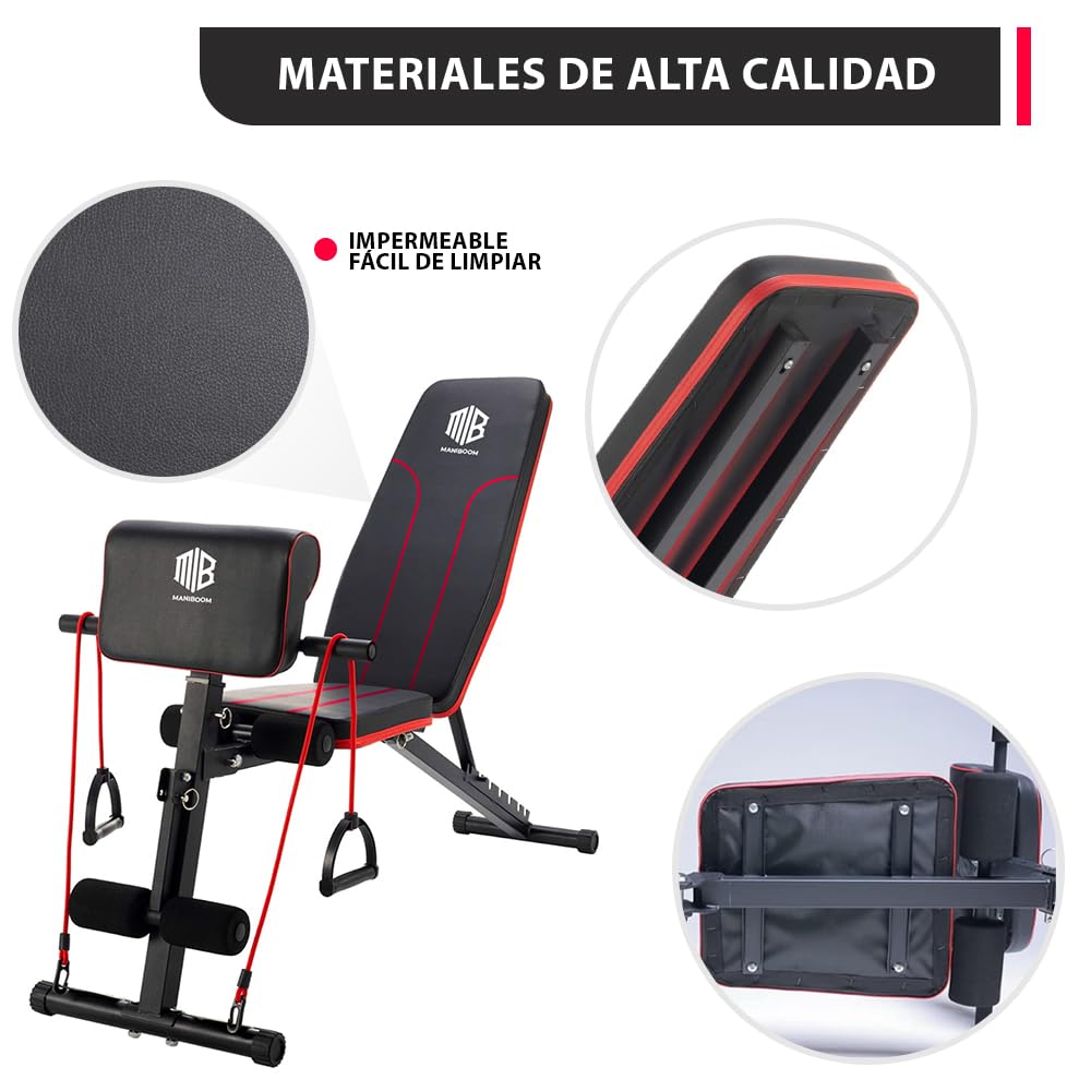 ManiBoom Banco Musculación PLEGABLE Multifuncional con 7 Posiciones Ajustable CARGA 250kg - Banco de Pesas con 2 Bandas de Entrenamiento y Cojín para Bíceps - Banca para Gym en Casa