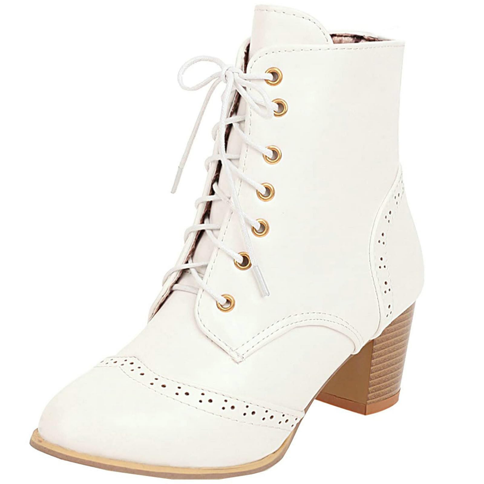 Uniquelly Womens Wingtip Booties Chunky Heel Ankle Boots Lace Up Round Toe Vintage Comfortable Winter Shoes