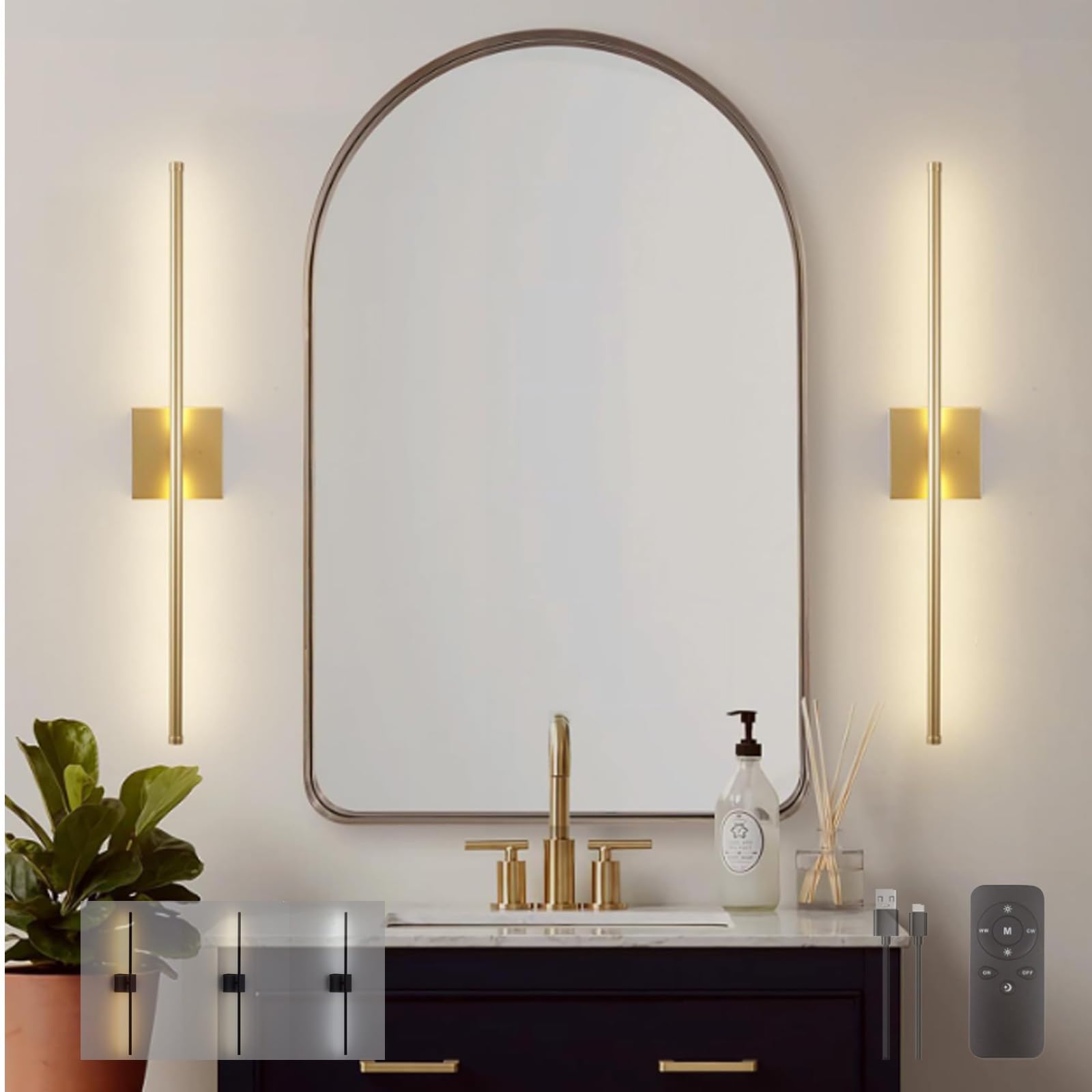 TZSMUM Battery Operated Wall Lights Indoor with Remote Control Wall Lamp USB Rechargeable LED Wall Sconce Dimmable 350° Rotation Black 72CM Modern Living Room Bedroom Hallway (2 Packs,Square Gold) — image 1