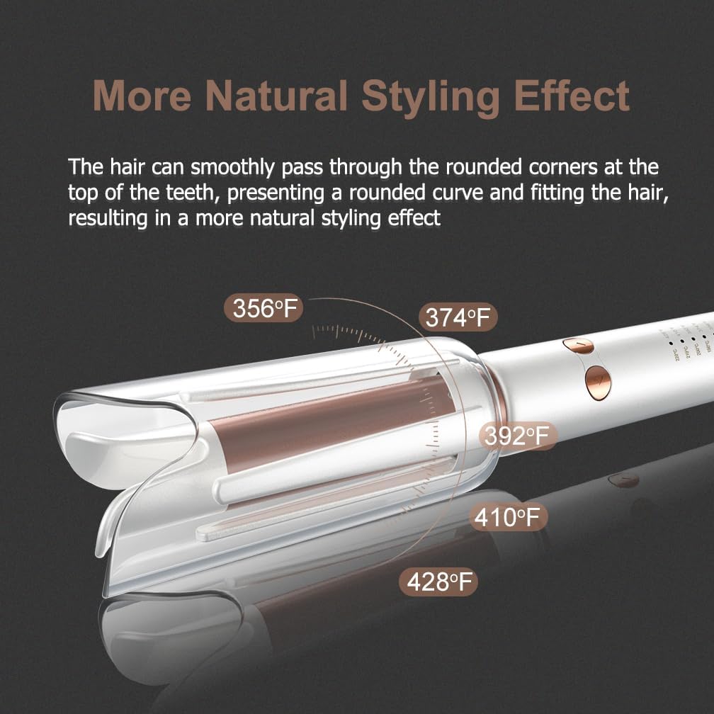 JINRI Automatic Rotating Curling Iron-Beach Waves Curling Wand, Pumped-Up Volume, Portable Hair Curler, 500 Million Ionic, Dual Voltage & Lightweight for Travel, Ceramic Coating, 1 Inch, White