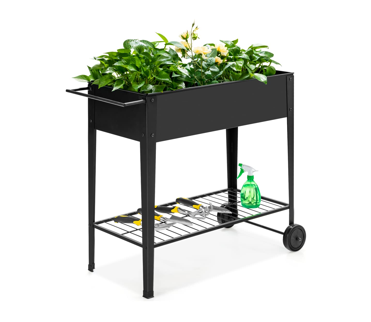 Koutemie Hochbeet Auf Rädern – Schwarzer Gartenwagen, 97,5 X 33 X 78,9 Cm, Mit Wasserdichtem Stoff