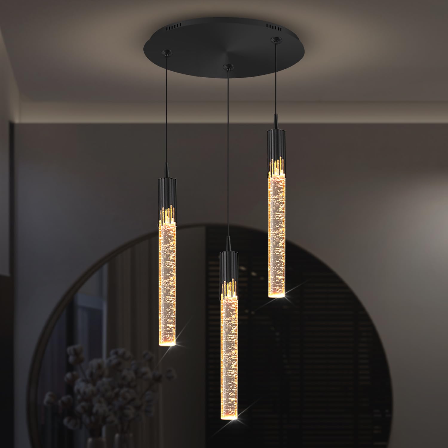 SYAXVOM 3-Light Black Mini Chandelier - Modern Crystal Pendant Light Adjustable for Kitchen Island Dining Room & Bedroom Dimmable 2700K/4500K/6000K Lighting Fixture