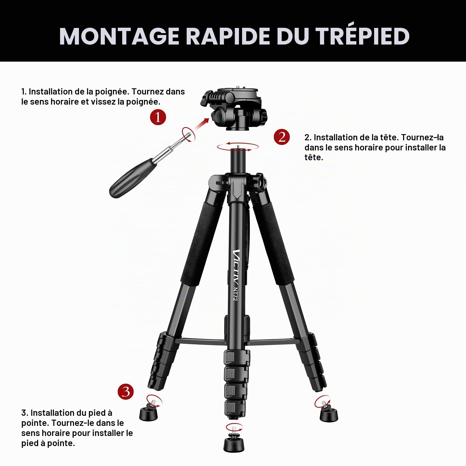 Victiv Trépied en aluminium T72 pour appareil photo - Hauteur maximale : 182 cm - Léger et compact - Avec tête pivotante à 3 voies et 2 plaques de dégagement rapide pour prise de vue vidéo DSLR - Noir