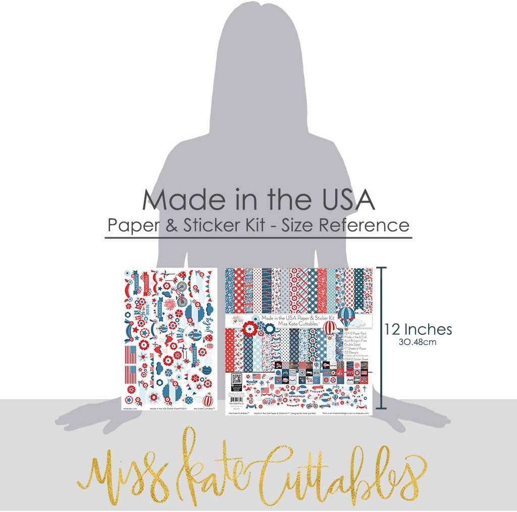 Miss Kate Cuttables Paper & Sticker Kit - Made in The USA - for 4th of July Independence - 17 Double-Sided 12x12 Papers with 33 Designs & 1 8X12 Sticker Sheet - Scrapbooking Card Making