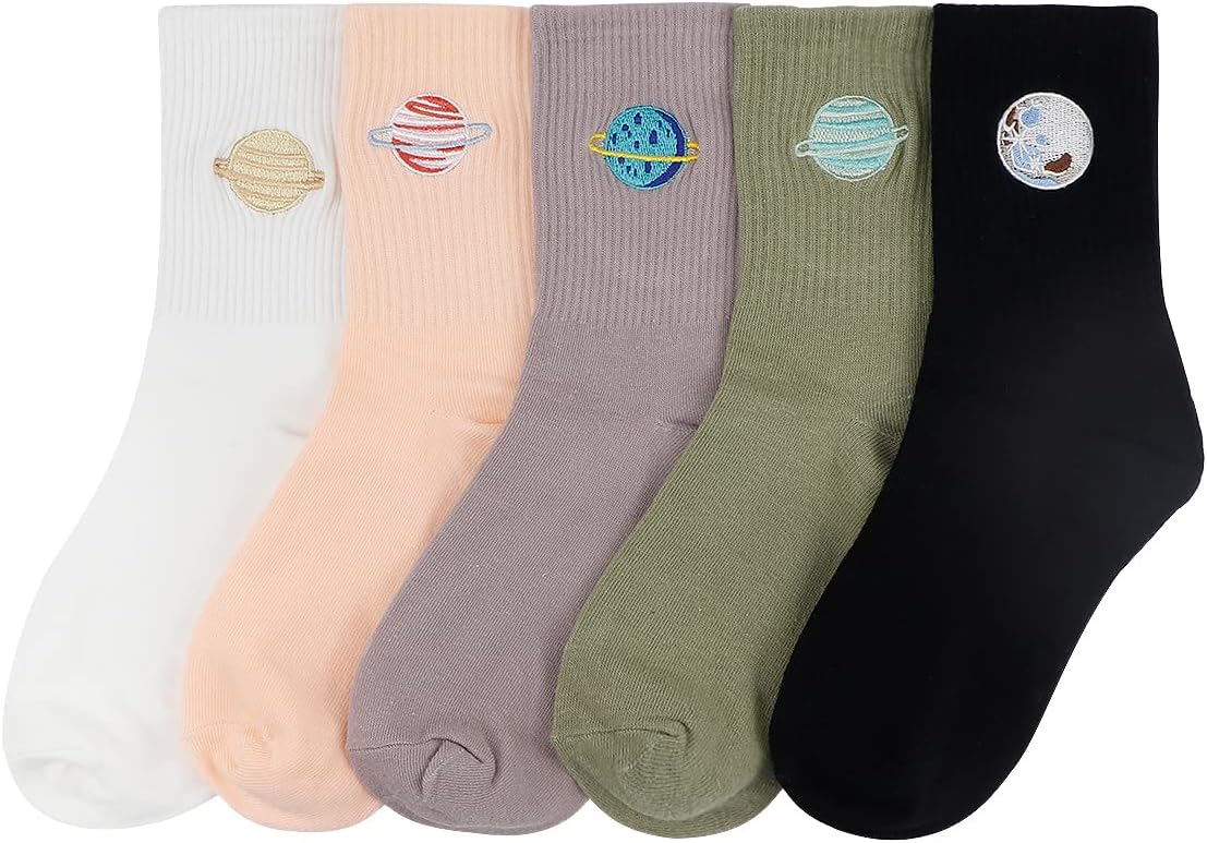 LNQ LUNIQI5 Pairs Ladies Cotton Planet Socks Fashion Mid-Tube Embroidered Socks Daily Casual Comfy Breathable Crew Socks for Womens, Girls, Couples (5 colors, Multicolor, 6.5-7