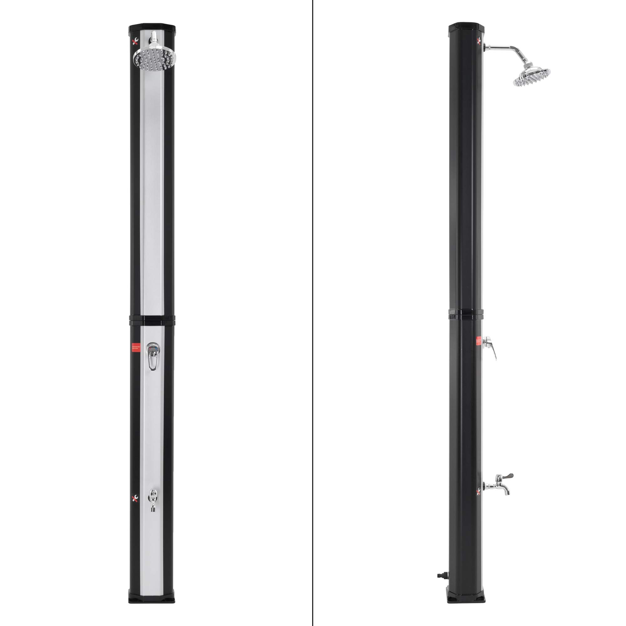 ML-Design Ducha Solar de Jardín Negro Plateado 35L 217cm Agua Caliente hasta 60°C sin Electricidad con Conexión para Manguera Moderno Elegante Cabezal Ducha de Lluvia Ajustable y Grifo para Piscina