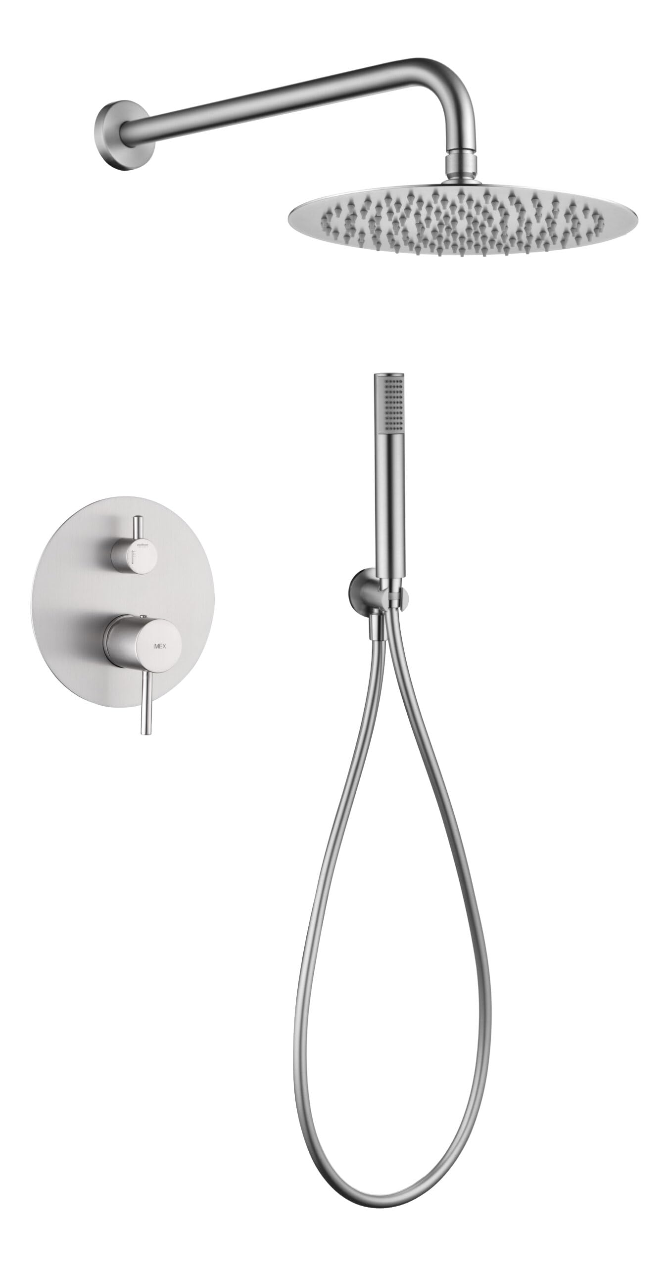IMEX Grifería Monomando de Ducha Empotrada Serie Monza, Acabado Níquel Cepillado, Rociador de Acero Inoxidable S.304 Ø25 cm, Cartucho Cerámico Ø35 mm
