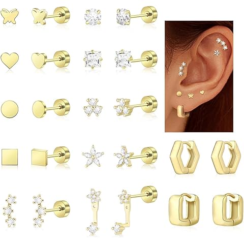 Wgoud 12 Pairs Hypoallergenic Surgical Steel Earrings for Sensitive Ears Waterproof Trendy Gold Plated Small Stud Flat Back Stainless Steel Earrings for Women Men Hoop Cartilage Earring Set for Multiple Piercing