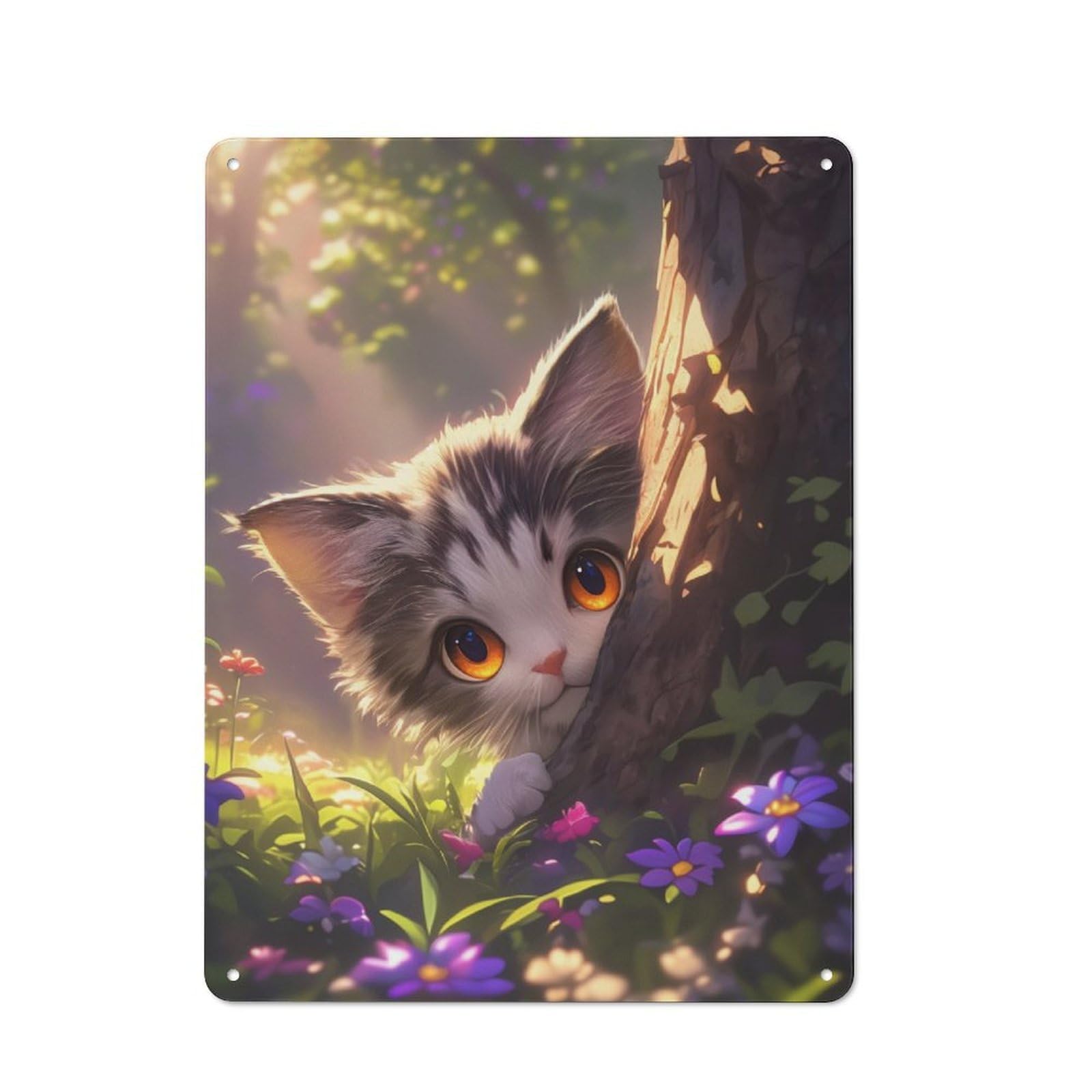 Junmoney Cute Anime Kitten In Wildflowers Meadow Bar Wall Decorative Metal Plaque, Wall Decor For Home Pub, Dining Room Or Drinks Area, 40X30cm