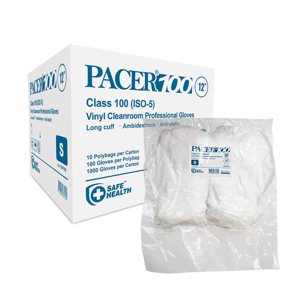 Safe Health Pacer100 Cleanroom Vinyl Disposable Gloves, Class 100, ISO 5, Free of Latex & Powder, 12 Inches, Case of 1000