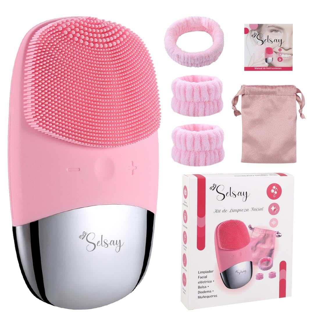 Limpiador Facial Sónico Premium con Kit de Accesorios - Diadema, Muñequeras y Bolsita para guardar y transportar fácilmente. Relájate con nuestro masajeador facial y exfoliante facial SELSAY