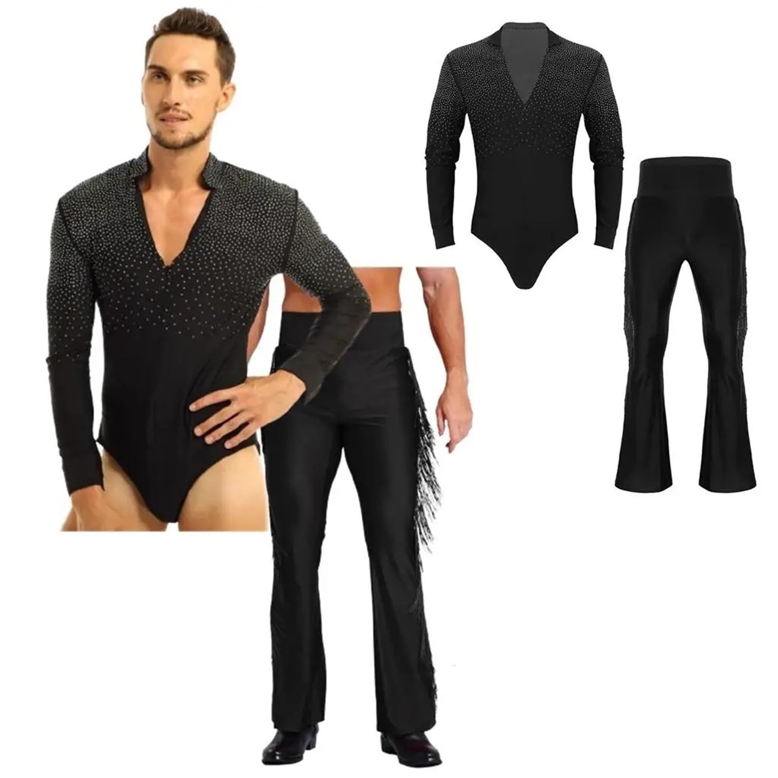 Ropa De Baile For Hombre, Chachachá, Salón, Latino, Tango, Rumba, Malla Ajustada con Cuello En V Y Pantalones Acampanados Borlas, Profesional para Hombre, Salsa, Jazz, Danza