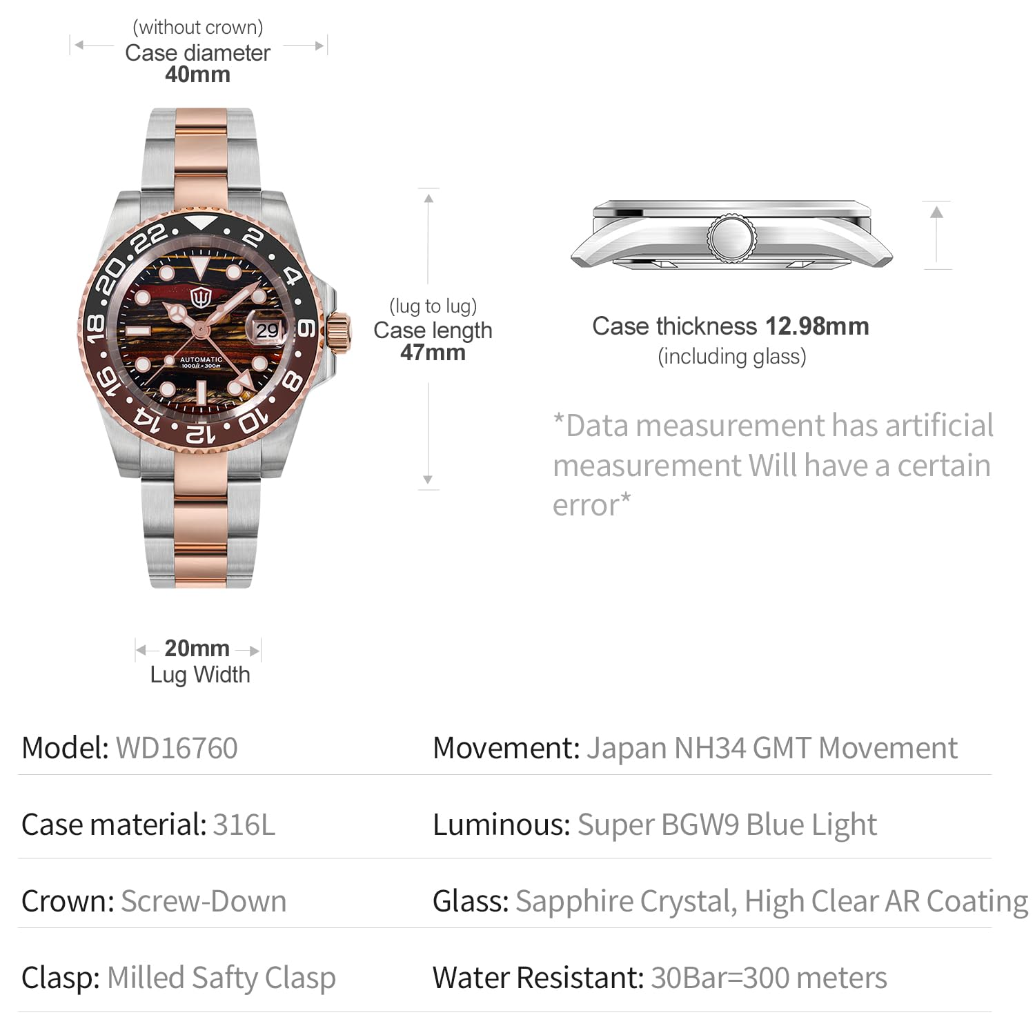 watchdives Sub GMT-Uhren für Herren WD16760, NH34 Automatische Armbanduhr Taucheruhr, 40 mm Keramiklünette Saphirglas 300 M Wasserdicht