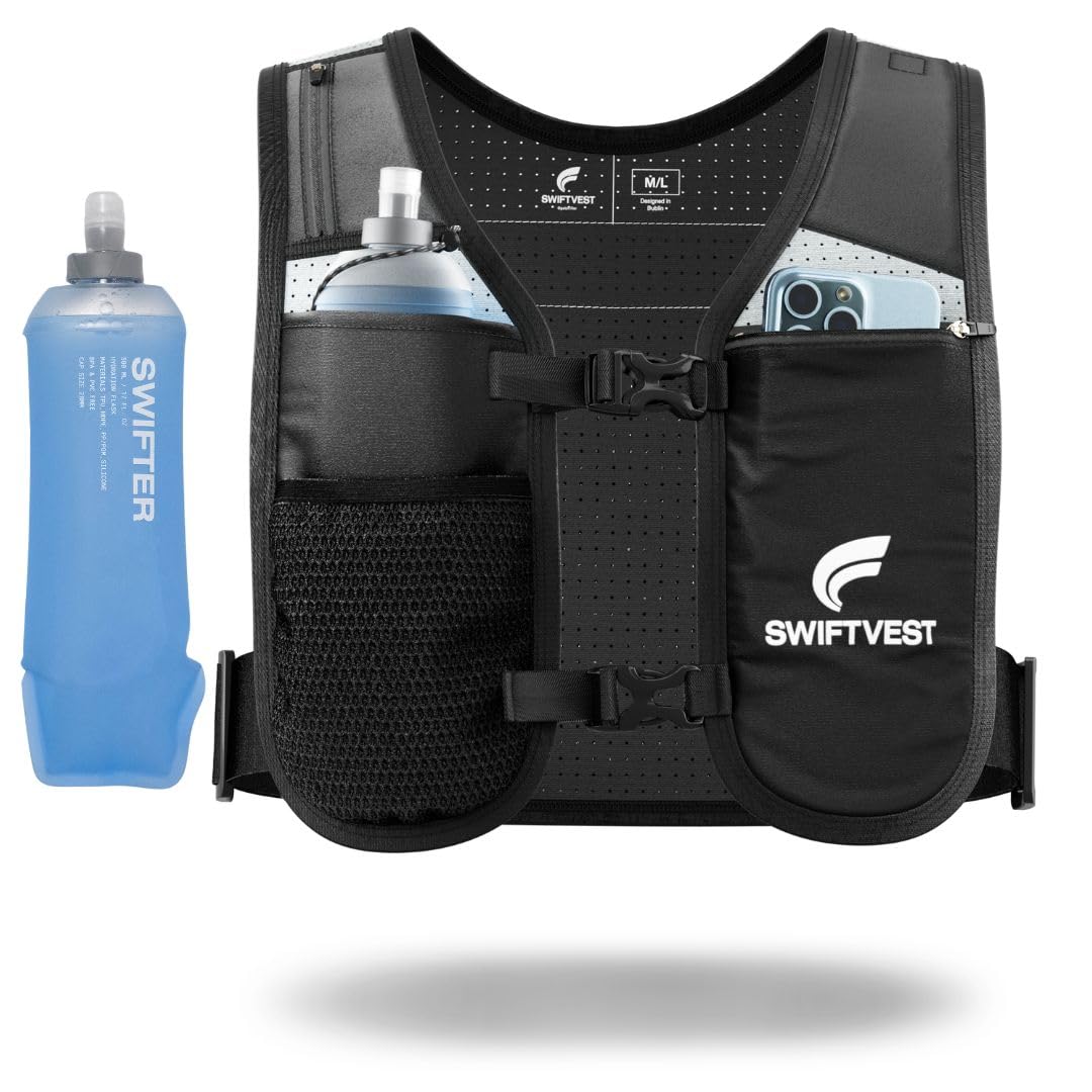 SWIFTVEST™ Running Vest for Women Men, Hydration Vest with 500ml Running Water Bottle, Lightweight Reflective Running Phone Holder, Adjustable Unisex, Running Accessories