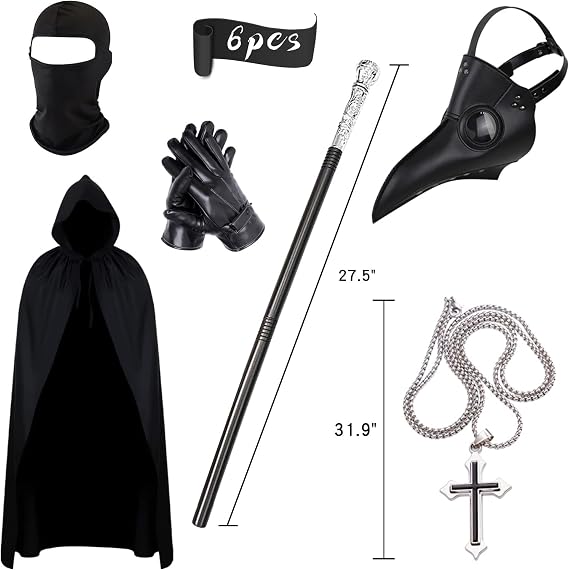 Halloween Plague Doctor Mask ,Steampunk Horror Scary Halloween Plague Doctor Mask Costume Props for Party Prom Gifts Set 6 in 1 for Men Women Kids (6 PCS)