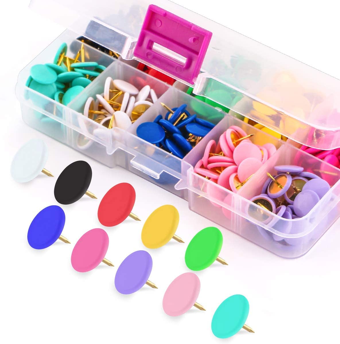LIENJAER Colors Thumb Tacks 300-count, Colors Plastic Roundness Push Pins Decorative Tacks for Corkboard, 10 Assorted Colors