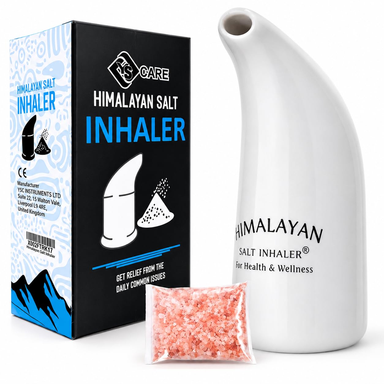 YSCARE Inalatore manuale in ceramica con sale himalayano, riempito con sale himalayano puro al 100% – per un'igiene e una salute ottimali, con 100 grammi di sale in omaggio. (3) (1)