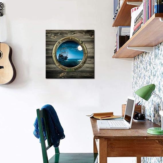 Biuteawal - Full Moon Night Ocean Window View Canvas Wall Art Sailing Boat Picture Seascape Painting Prints Contemporary Artwork for Home Office Decor Gallery Wrapped Ready to Hang