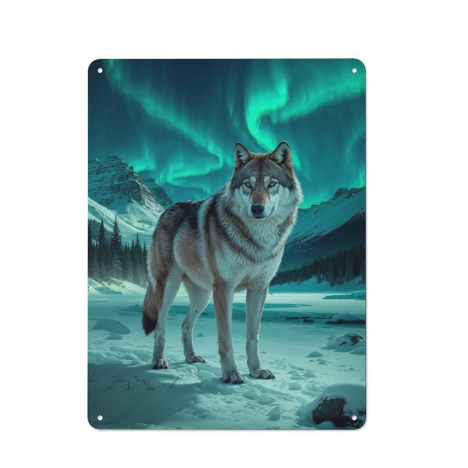 Junmoney Style-14 Wolf Under Aurora Borealis Retro Metal Wall Sign 40X30cm For Café Or Home Bar, For Home Bar Enthusiasts, For Retro Home Interiors