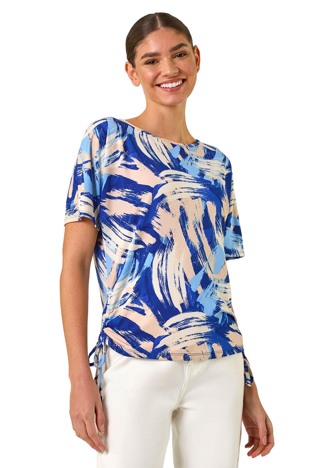 Roman Women's Abstract Print Side Tie Detail Top in Blue | Size: 20