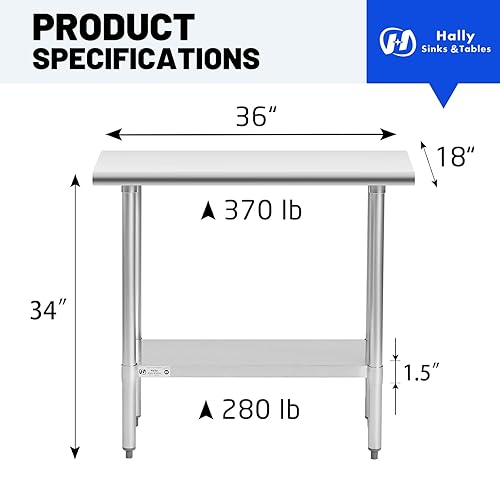 Vista 90 de Hally - Mesa de trabajo y preparación de acero inoxidable de 24 x 30 pulgadas, mesa comercial con certificación NSF de gran resistencia con estante