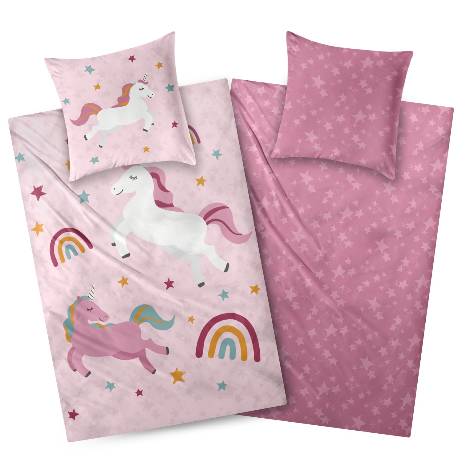 Aminata kids Biber Bettwäsche 135x200 Einhorn Regenbogen-Motiv Kinder Mädchen 100% Baumwolle Rosa YKK Reißverschluss - Einhorn-Wende-Bettwäsche-Set