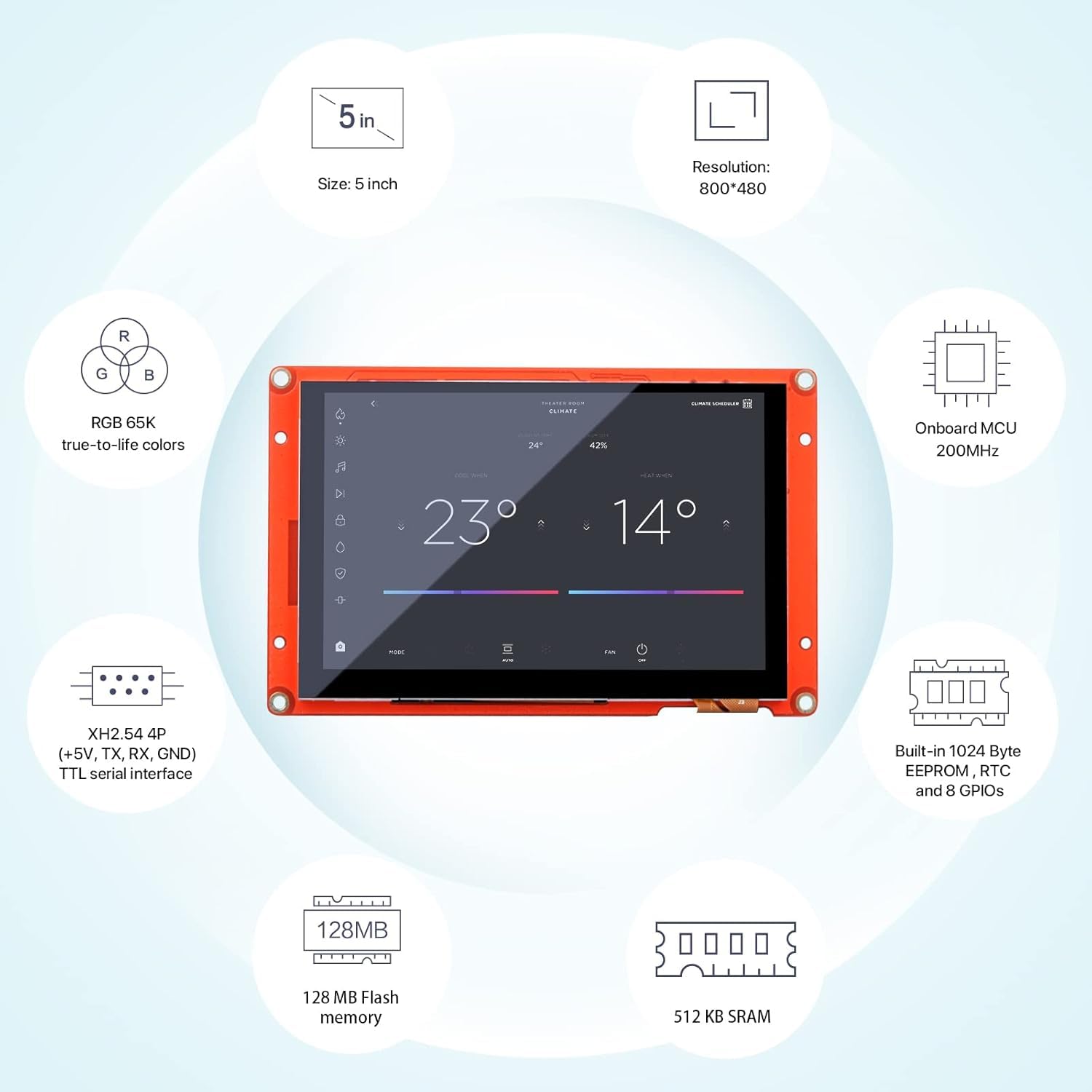 Digitalkey Nextion NX8048P050-011C Pantalla táctil capacitiva 5 pulgadas, 800x480, con microcontrolador de 200 MHz y 128 MB de memoria flash, para panel de instrumentos de coche