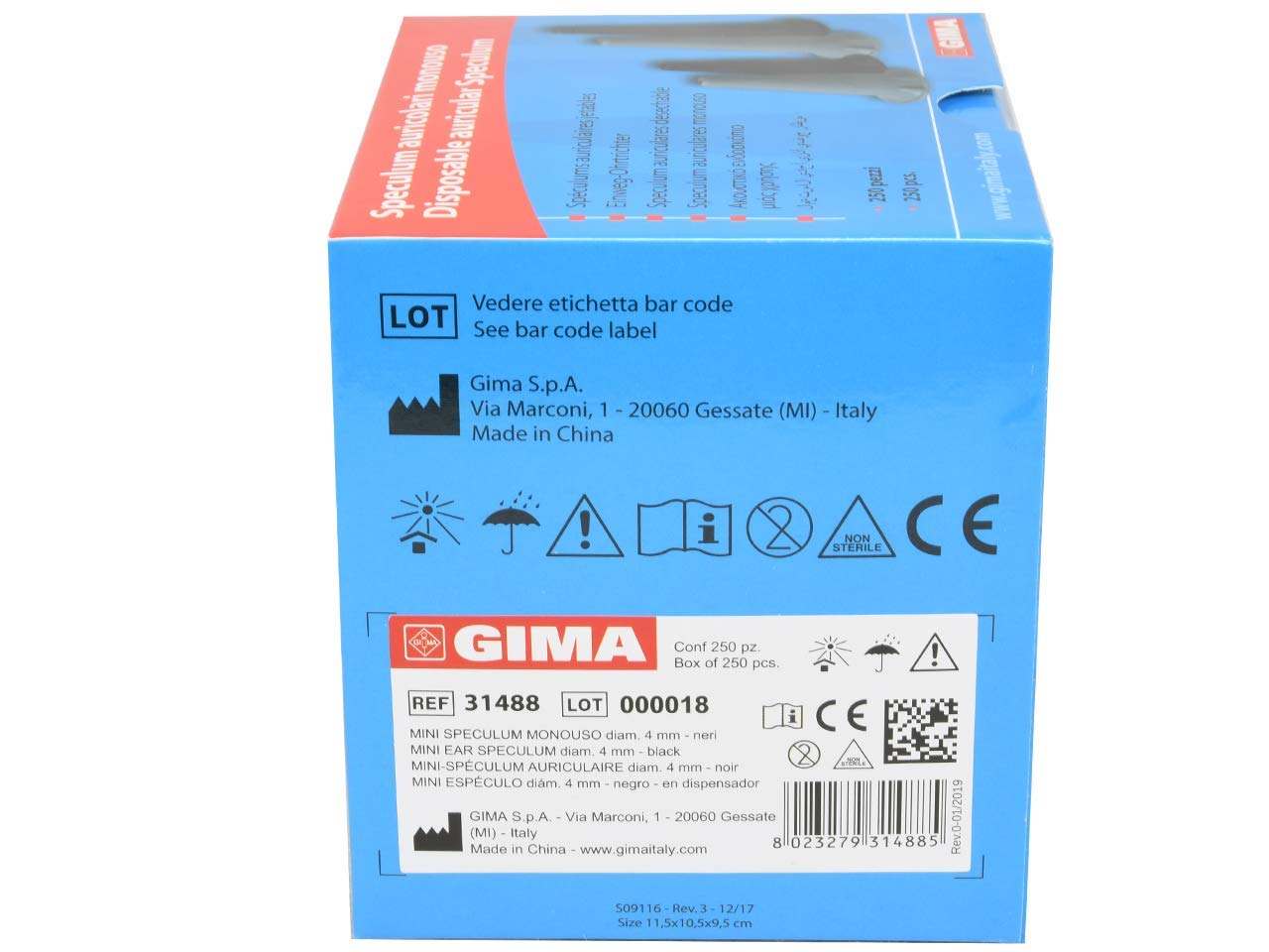 GIMA 31524 Otoscopio, 2.5V, luce alogena allo xeno, sacchetto + 31488 Mini Speculum Auricolare Monouso diametro 4 Mm, Colore Nero, Latex Free, Dispenser da 250 Pezzi