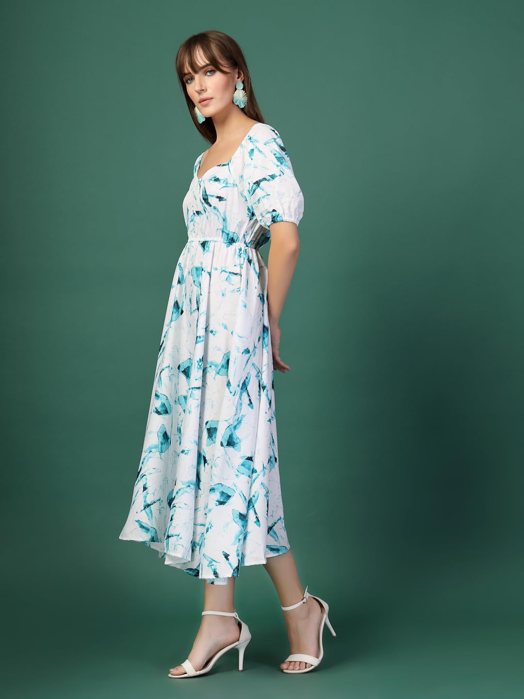 Oomph Flared Dress For Women Stylish | Long One Piece For Women | Puff Sleeve Long Dress | Floral Print Maxi One Piece | Western & Fusion Wear Aquamarine Blue
