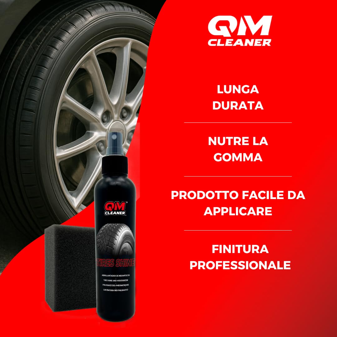 QM Cleaner Kit di Pulizia Cerchi e Lucidante per Pneumatici per Auto | Include 500 ml Detergente per Cerchi, 200 ml Lucidante per Pneumatici, Spazzola e Spugna Kit Completo per Veicolo